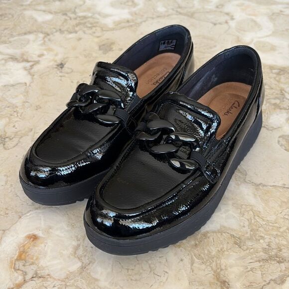 Clarks ZYLAH MAY Black Patent Platform Loafers - Picture 2 of 14